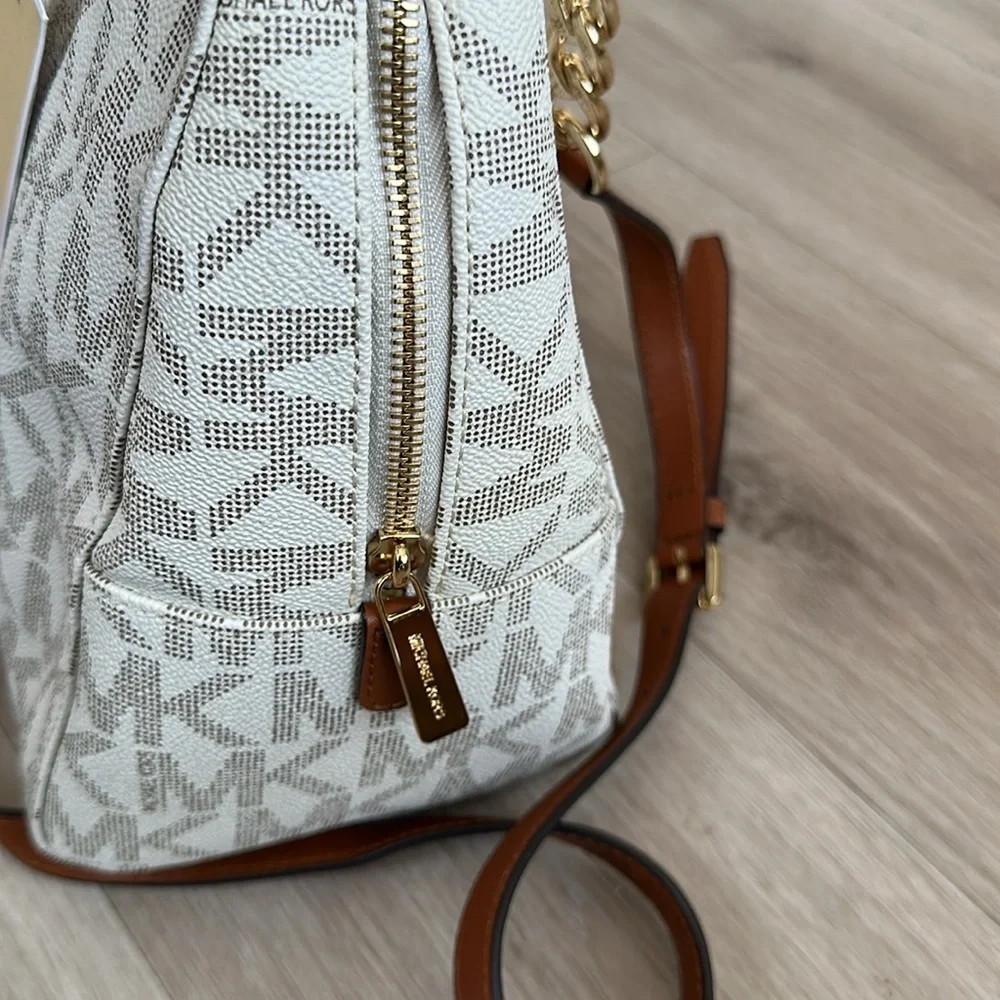 Michael Kors Monogram Cream and Brown Satchel jet travel bag